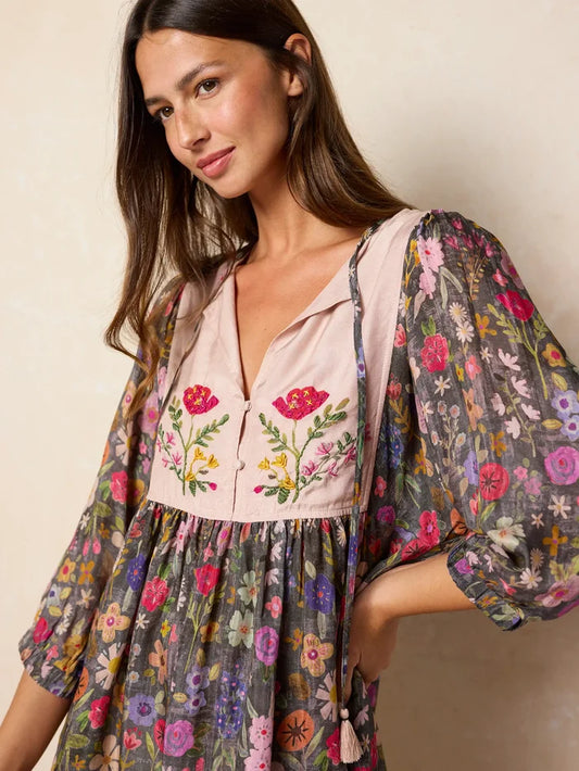 Rose Embroidered Mini Dress - Flung Floral Wildflowers-view 1