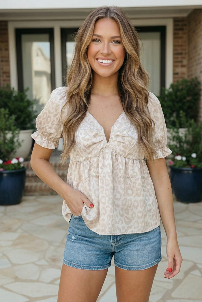 Satin Animal Print Puff Sleeve Babydoll Top