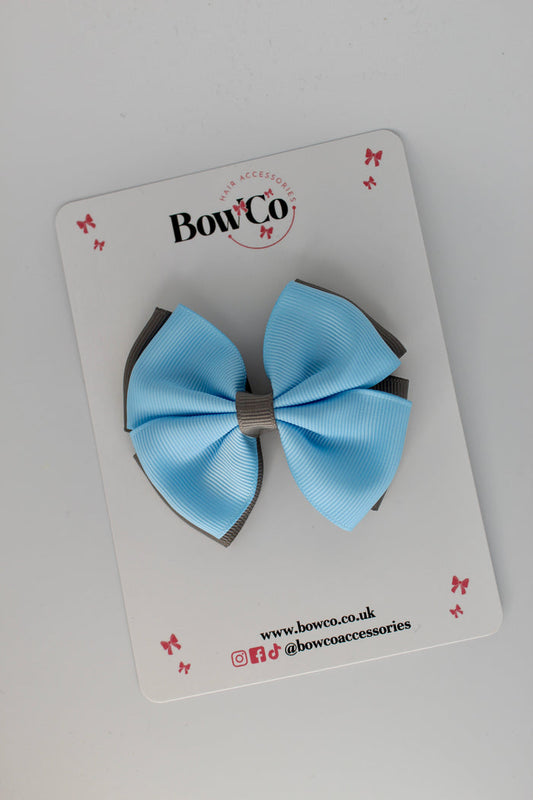 School Bow Blue Topaz and Metal Grey - Double Layer Bow - Clip