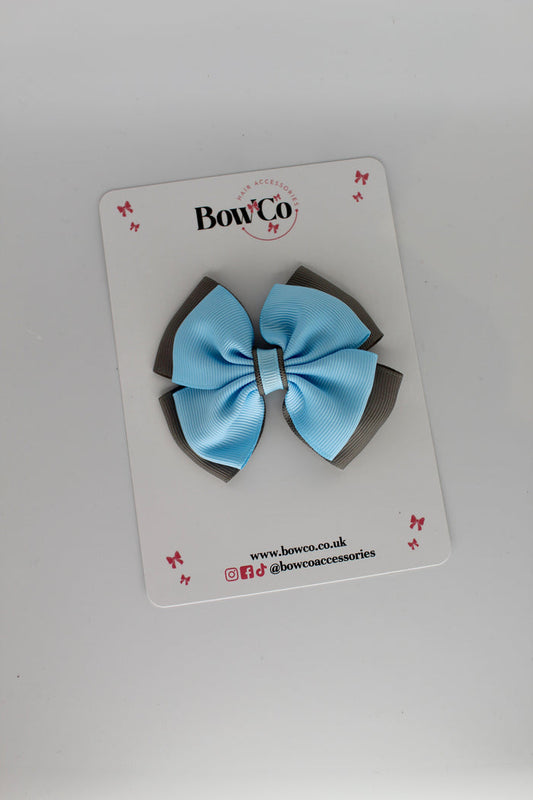 School Bow Blue Topaz and Metal Grey - Layer Edge Bow - Clip