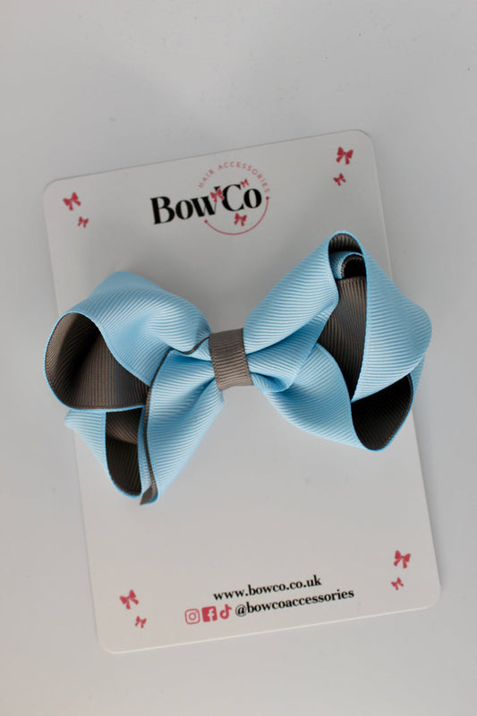 School Bow Blue Topaz and Metal Grey - Loop Bow - Clip
