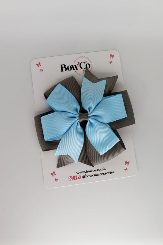 School Bow Blue Topaz and Metal Grey - Pinwheel Bow Clip