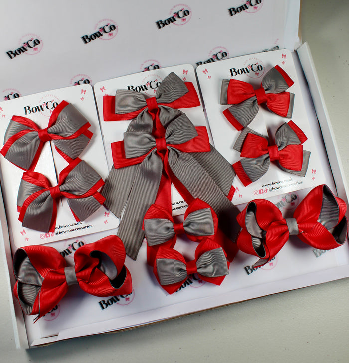 School Bow Bundle Saver - 10 Pack - Red and Grey - Clip