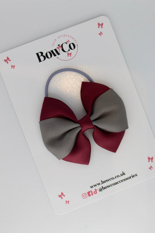 School Bow Burgundy and Metal Grey - Round Tuxedo Bow - Elastic