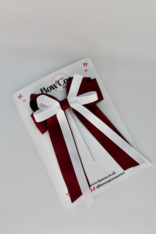 School Bow Burgundy and White - Loop Bow Tail Clip