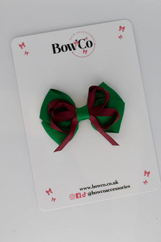 School Bow Forest Green and Burgundy - Double Bow - Clip