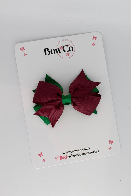 School Bow Forest Green and Burgundy - Layer Tail Bow Set - Clip
