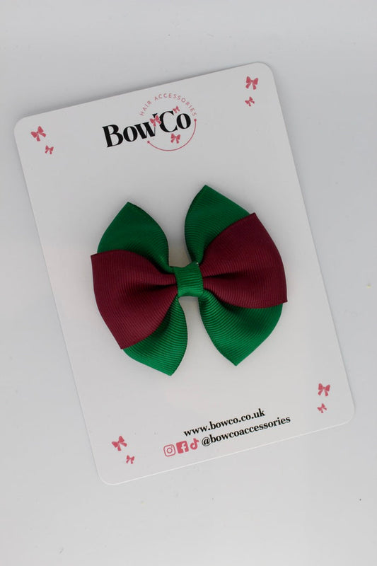 School Bow Forest Green and Burgundy - Round Tuxedo Bow - Elastic