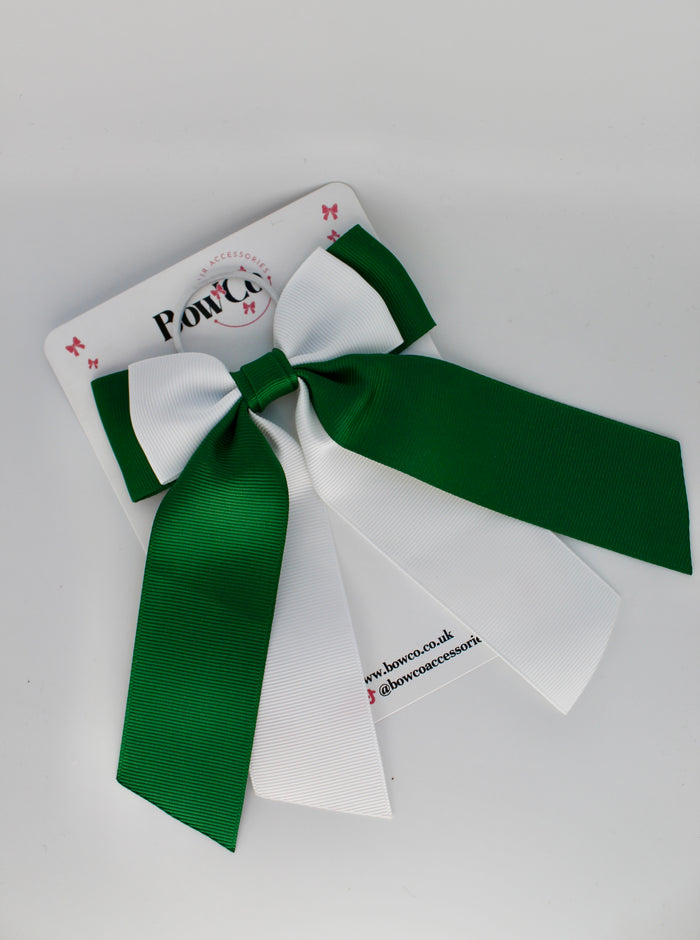 School Bow Forest Green and White - Double Layer Tail Bow – Elastic