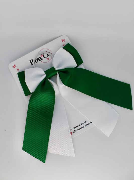 School Bow Forest Green and White - Double Layer Tail Bow – Elastic