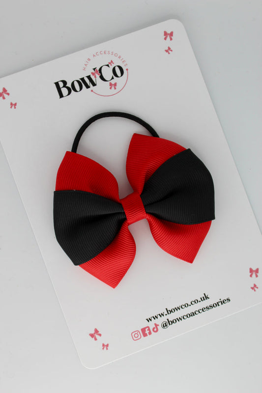 School Bow Red and Black - Round Tuxedo Bow - Elastic