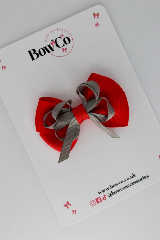 School Bow Red and Metal Grey - Double Bow - Clip