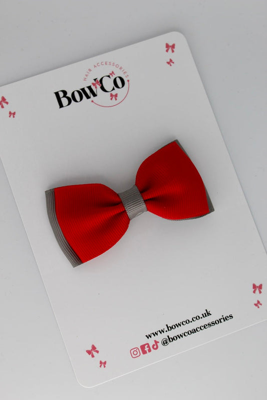 School Bow Red and Metal Grey - Double Lapel Bow - Clip