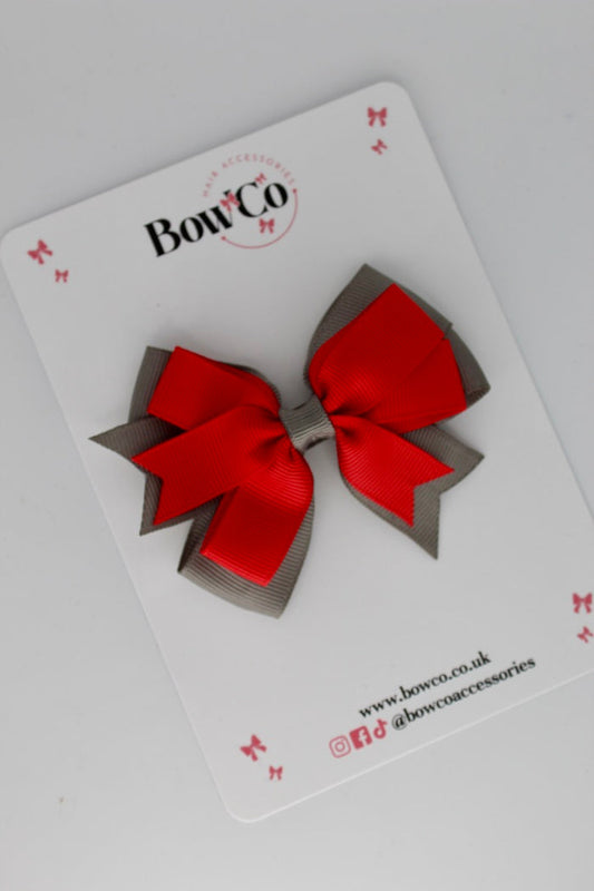 School Bow Red and Metal Grey - Double Tail Bow - Clip
