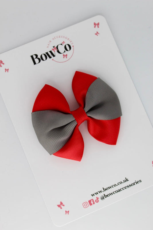 School Bow Red and Metal Grey - Round Tuxedo Bow - Clip