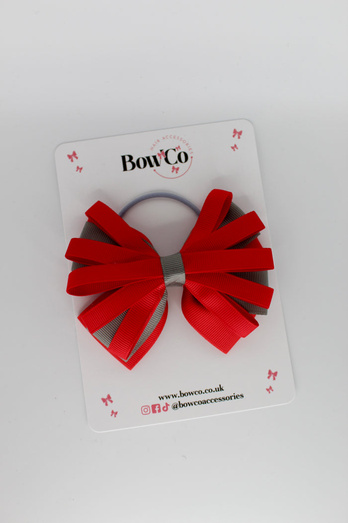 School Bow Red and Metal Grey - Spiral Bow - Elastic