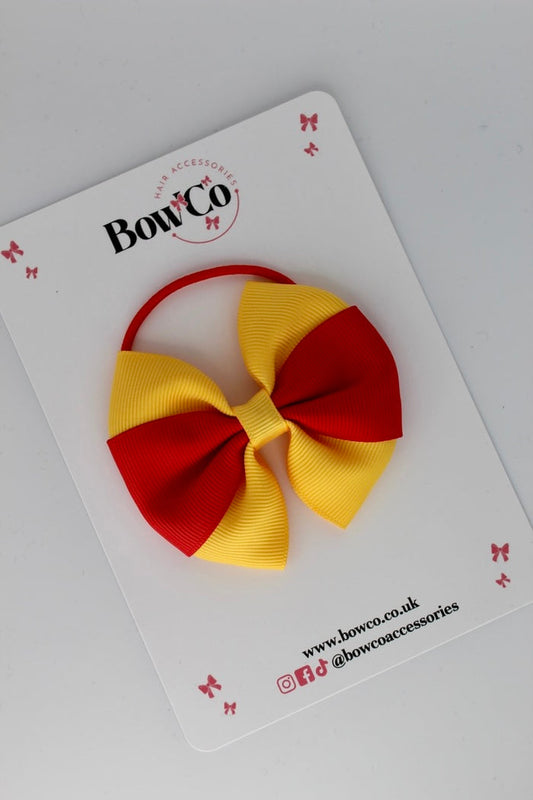 School Bow Red and Yellow Gold - Round Tuxedo Bow - Elastic