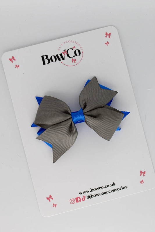 School Bow Royal Blue and Metal Grey - Layer Tail Bow - Clip