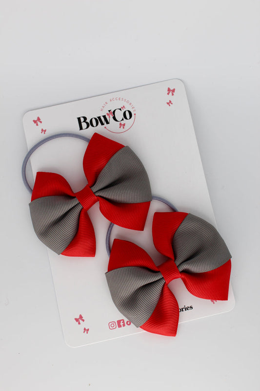School Bows - Red and Metal Grey - Round Tuxedo Bow Set - Elastic