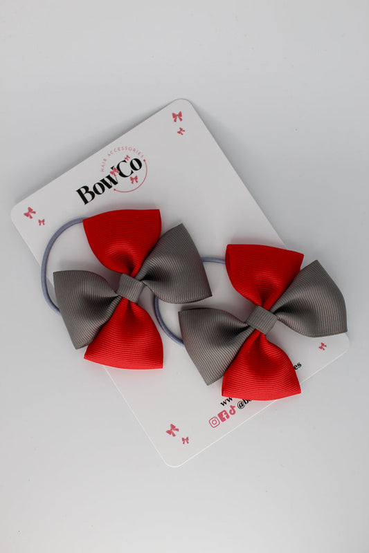 School Bows - Red and Metal Grey- Twist Bow Set - Elastic