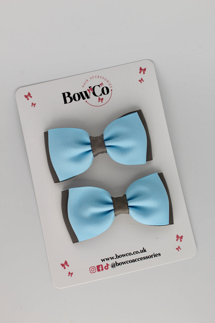School Bows Blue Topaz and Metal Grey - Double Lapel Bow Set - Clip