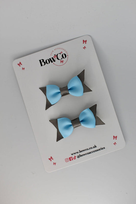 School Bows Blue Topaz and Metal Grey - Layer Tail Bow Set - Clip