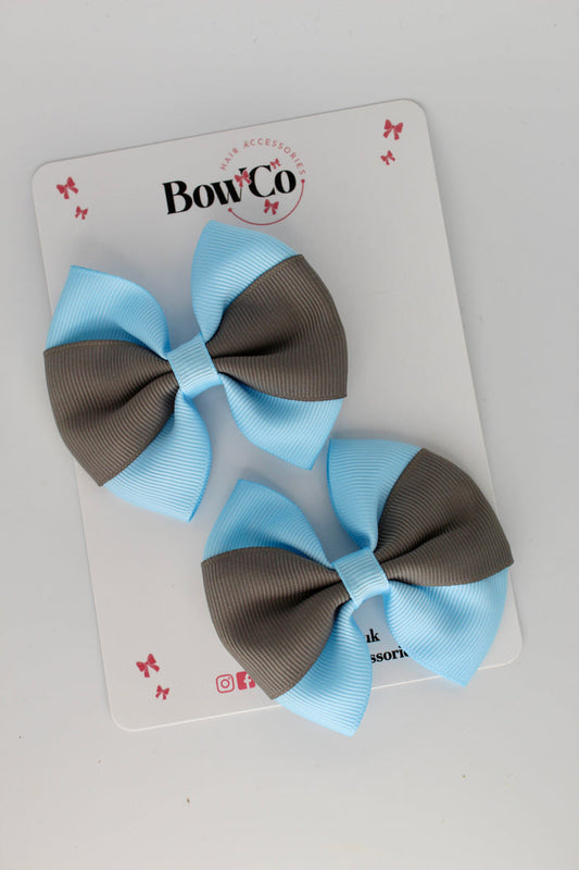 School Bows Blue Topaz and Metal Grey - Round Tuxedo Bow Set - Clip