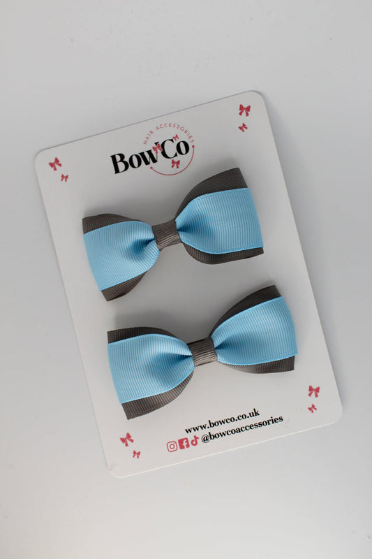 School Bows Blue Topaz and Metal Grey - Tuxedo Bow - Clip