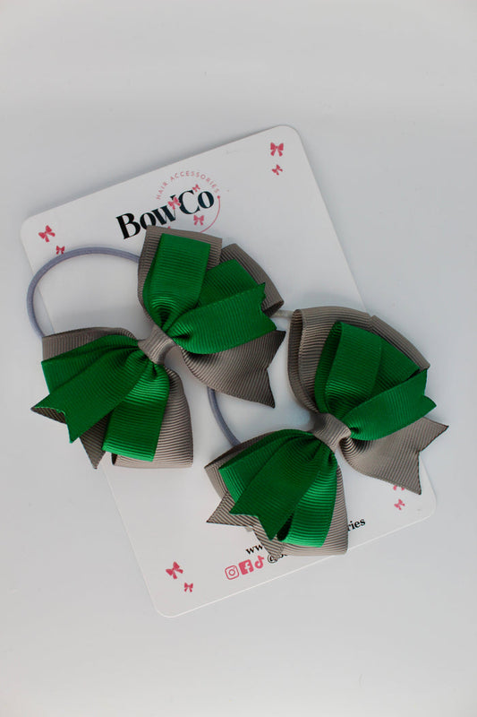 School Bows Forest Green and Grey - Double Tail Bow - Elastic