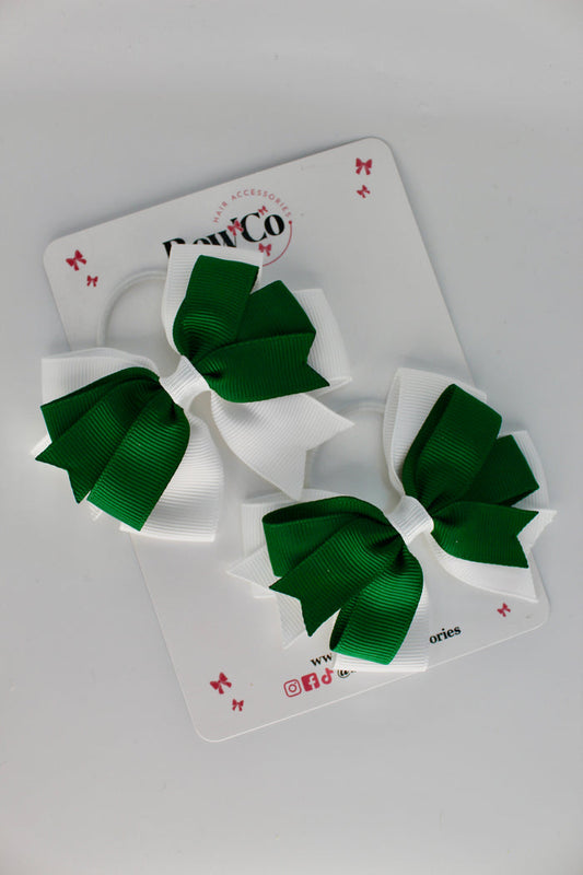 School Bows Forest Green and White - Double Tail Bow - Elastic