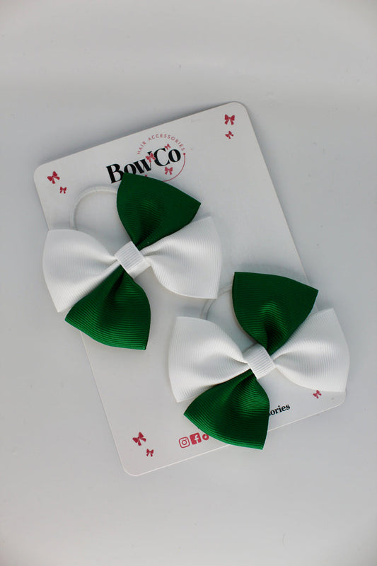 School Bows Forest Green and White - Twist Bow - Elastic