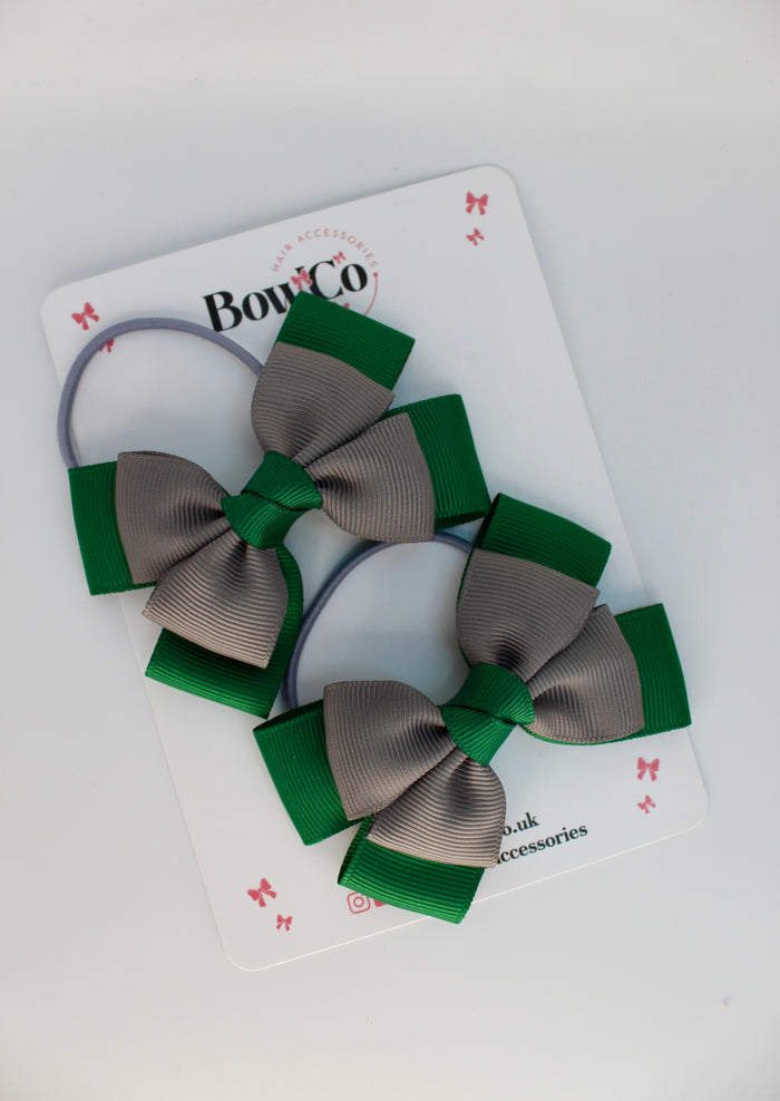 School Bows Green and Grey - Layer Bow Set - Elastic