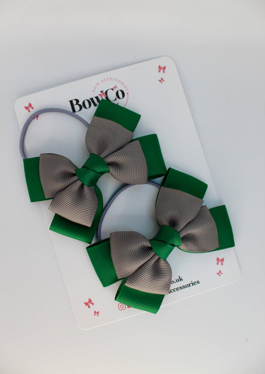 School Bows Green and Grey - Layer Bow Set - Elastic