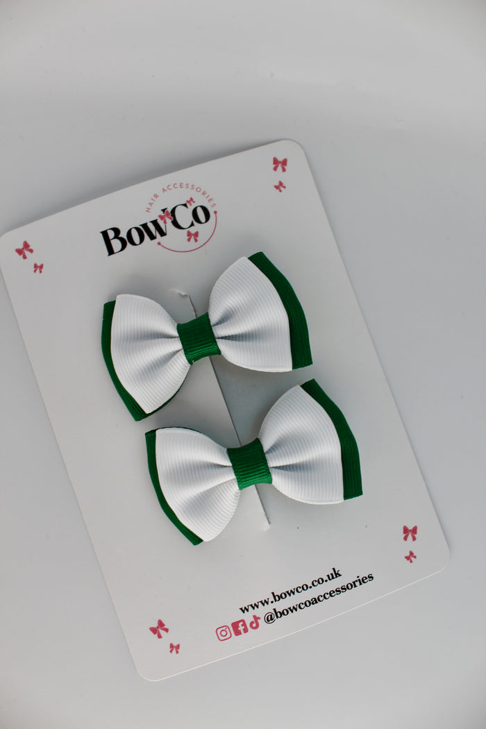 School Bows Green and White - Double Bow Set - Clip