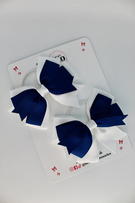 School Bows Navy Blue and White - Double Tail Bow Set - Elastic