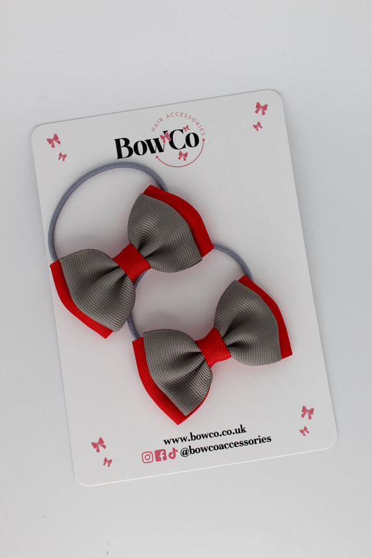 School Bows Red and Metal Grey - Double Ribbon Bow Set - Elastic