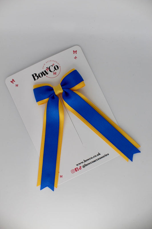 School Royal Blue and Yellow Gold Tuxedo Tails Bow – Clip