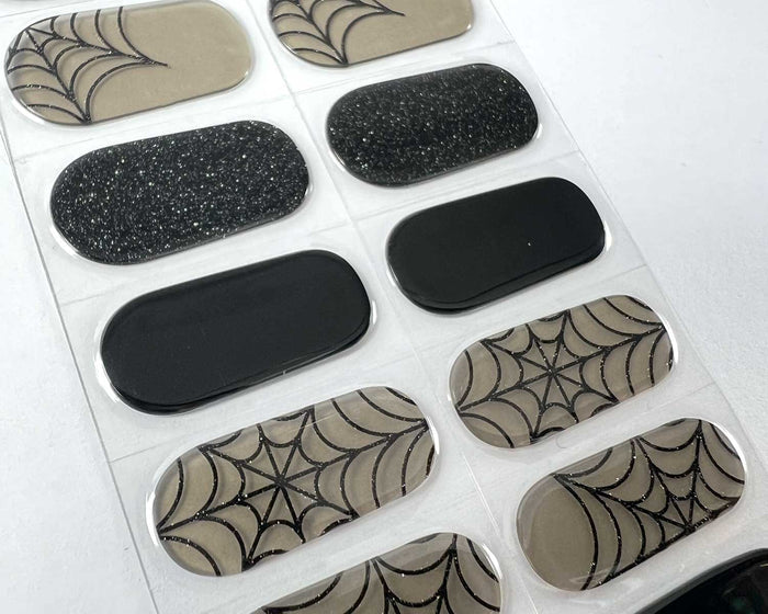 Black Widow gel nail wraps, close-up detail