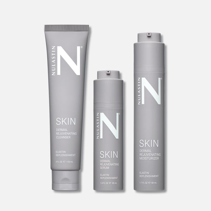 Front view of SKIN Dermal Rejuvenating three-piece set: cleanser, serum, and moisturizer in gray packaging on light background