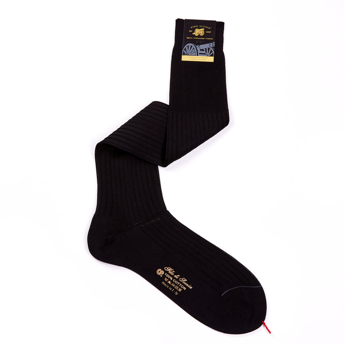 A pair of KirbyAllison.com Sovereign Grade Super-Fine Over-the-Calf 920L 100% Cotton Dress Socks in black on a white background.