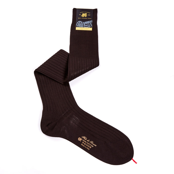A pair of Sovereign Grade Super-Fine Over-the-Calf 920L 100% Cotton Dress Socks by KirbyAllison.com on a white background, available in seven sizes.
