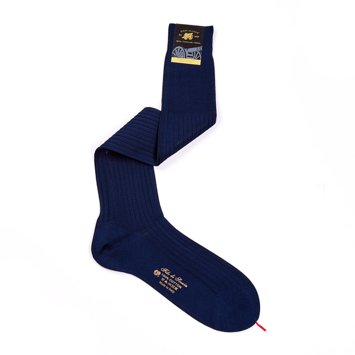 A pair of blue Egyptian Makó Cotton Sovereign Grade Super-Fine Over-the-Calf 920L 100% Cotton Dress Socks by KirbyAllison.com on a white background.