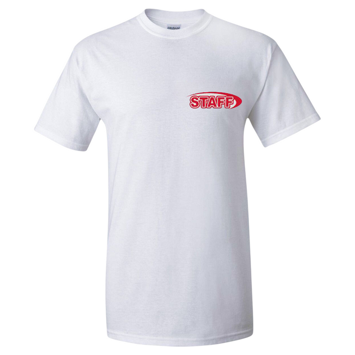 The Lifeguard Store white cotton staff t-shirt with red STAFF logo on the chest