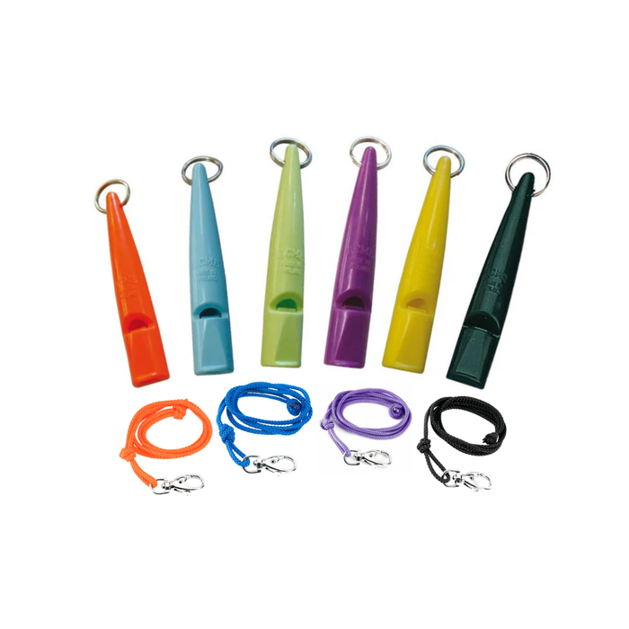 Set of colorful whistles with lanyards on a white background