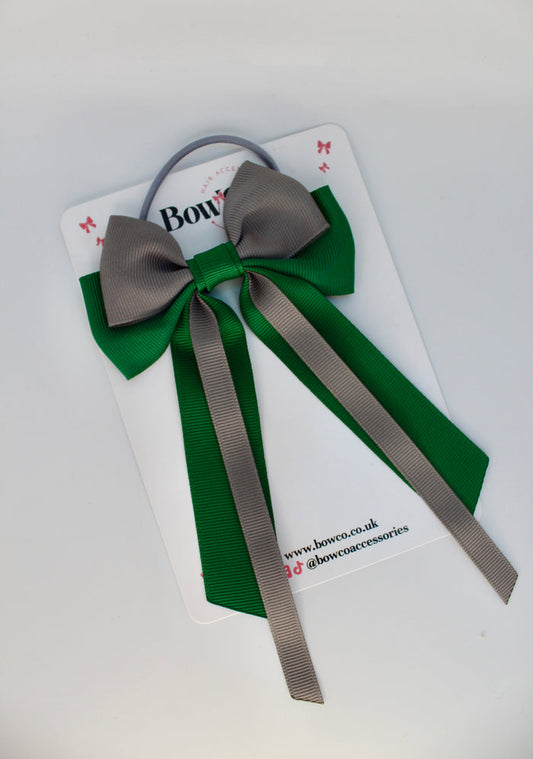 Streamer Tail School Hair Bow – Elastic - Forest Green and Grey
