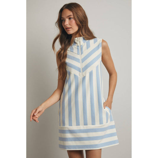 STRIPED HALF-ZIP MINI DRESS / WL25-12004: M.BLUE/CREAM
