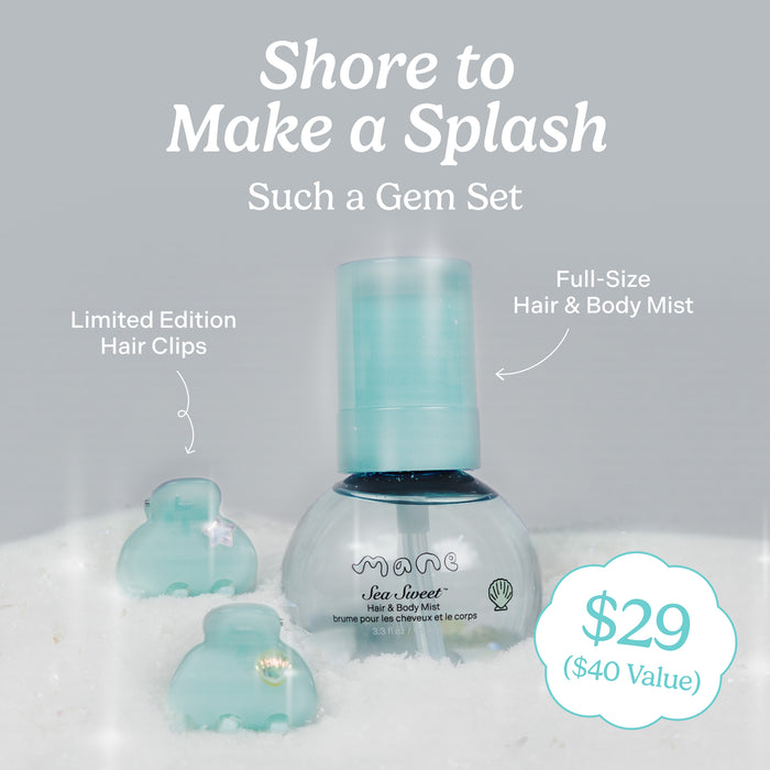 Infographic with text that reads "Shore to Make a Splash. Such a Gem Set. $29 ($40 Value)" with 2 arrows pointing to Sea Sweet™ Hair & Body Mist and two blue hair shell-shaped clips that read "Limited Edition Hair Clips. Full-Size Hair & Body Mist"