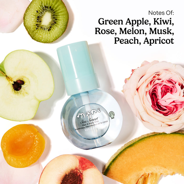 Sea Sweet hair and Body Mist surrounded by fruit on white background with text that reads "Notes Of: Green Apple, Kiwi, Rose, Melon, Musk, Peach, Apricot"