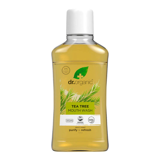 500ml bottle Dr. Organic Tea Tree Mouthwash with arnica, aloe vera, and grapefruit seed extract to purify and refresh the mouth.