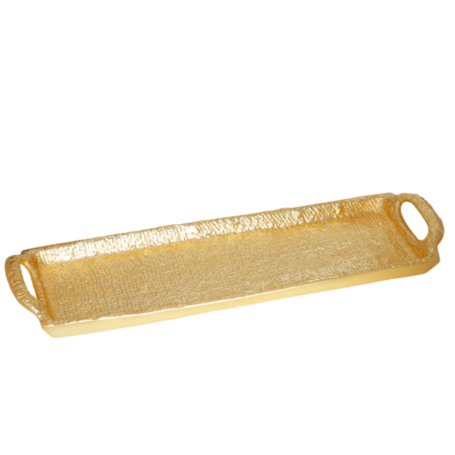 gold oblong serving tray, textured metal tray with handles, Classic Touch Decor tray, elegant gold decorative tray, narrow tray centerpiece, gold vanity tray, metallic tray for entertaining, slim gold tray, glam tabletop decor, 14 inch gold tray